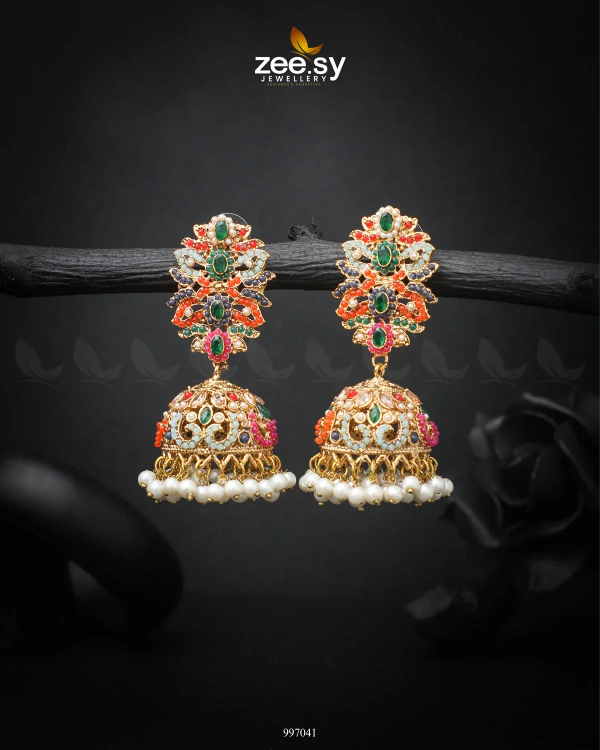 Navratna Elegance Earrings Green - Zeesy Jewellery