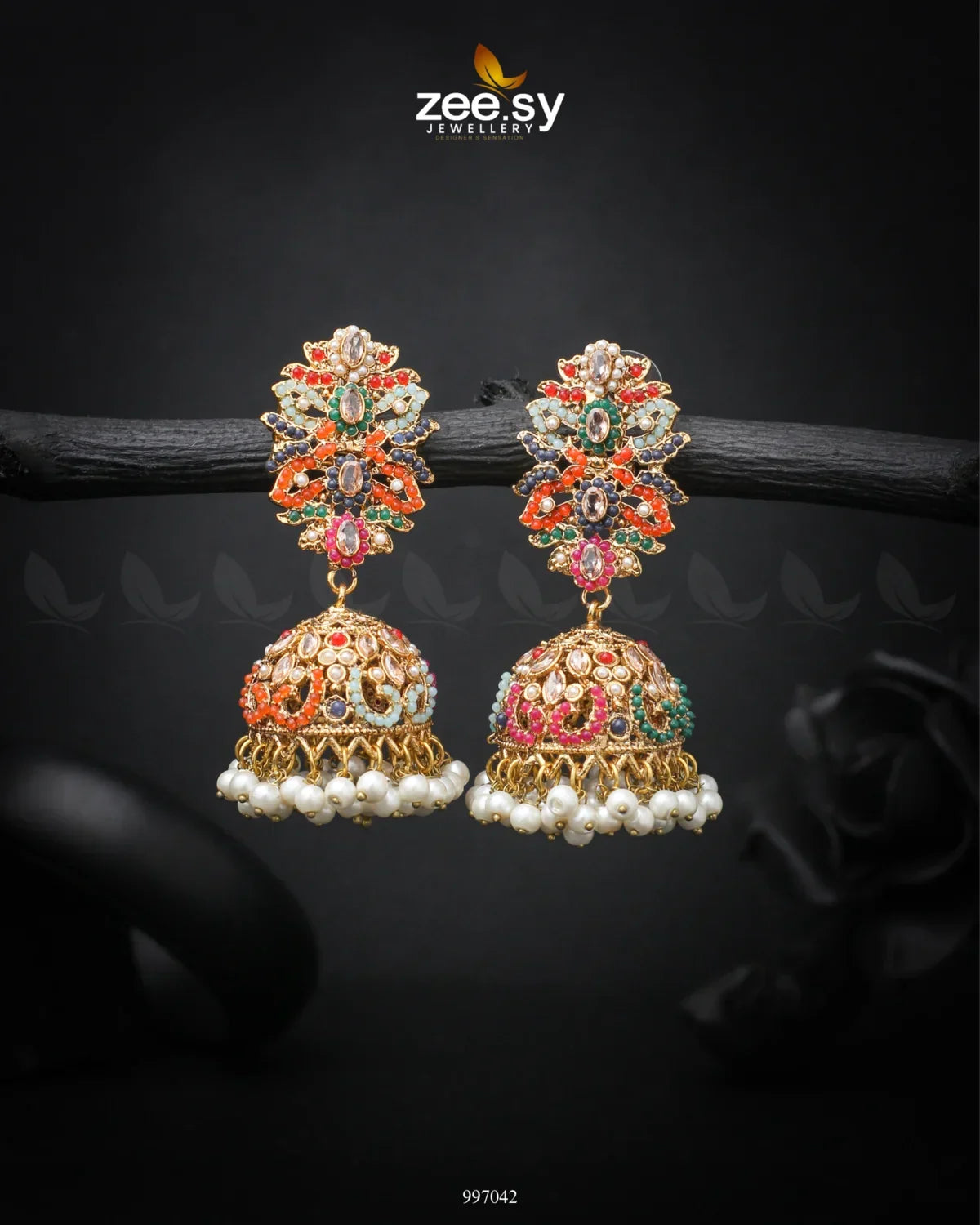 Navratna Elegance Earrings Champagne - Zeesy Jewellery