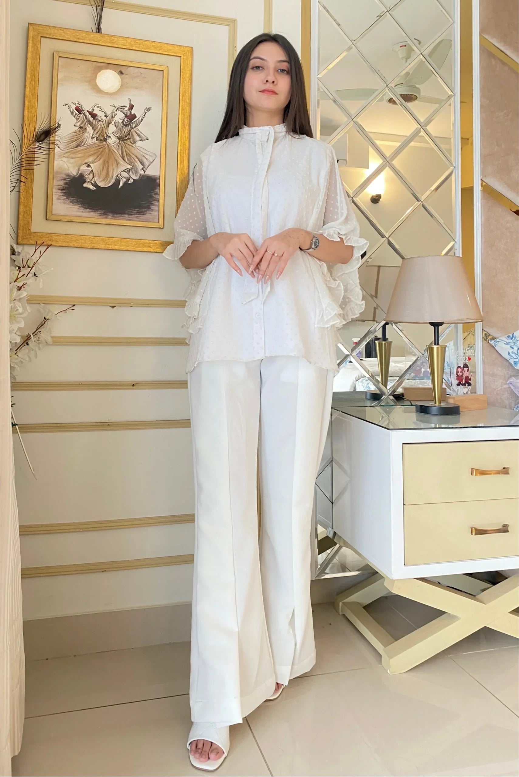 Urban Cut Elegant Cotton Ruffled Shirred Shirt 1 Piece