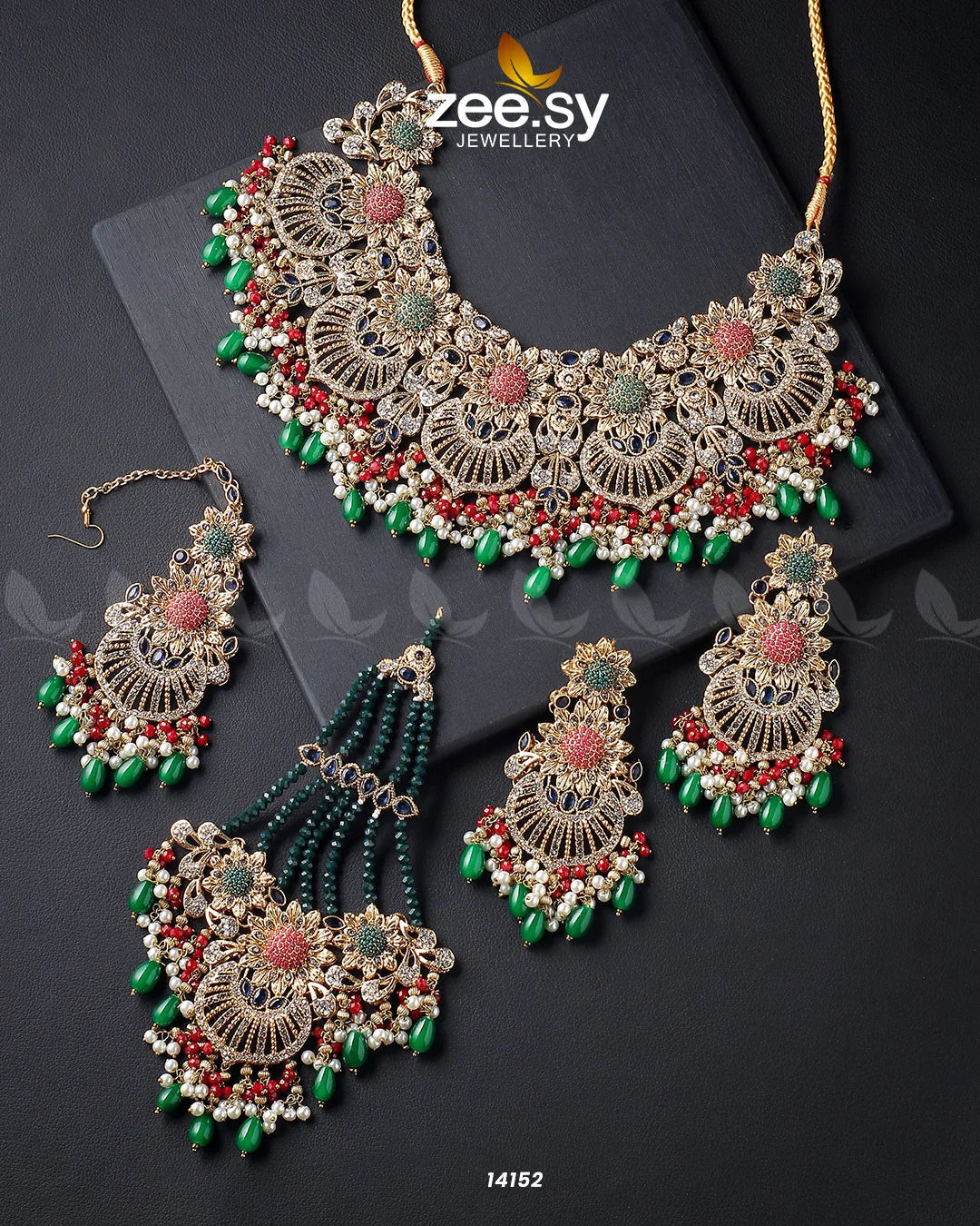 Yarrow Bridal Set Golden Red & Green - Zeesy Jewellery