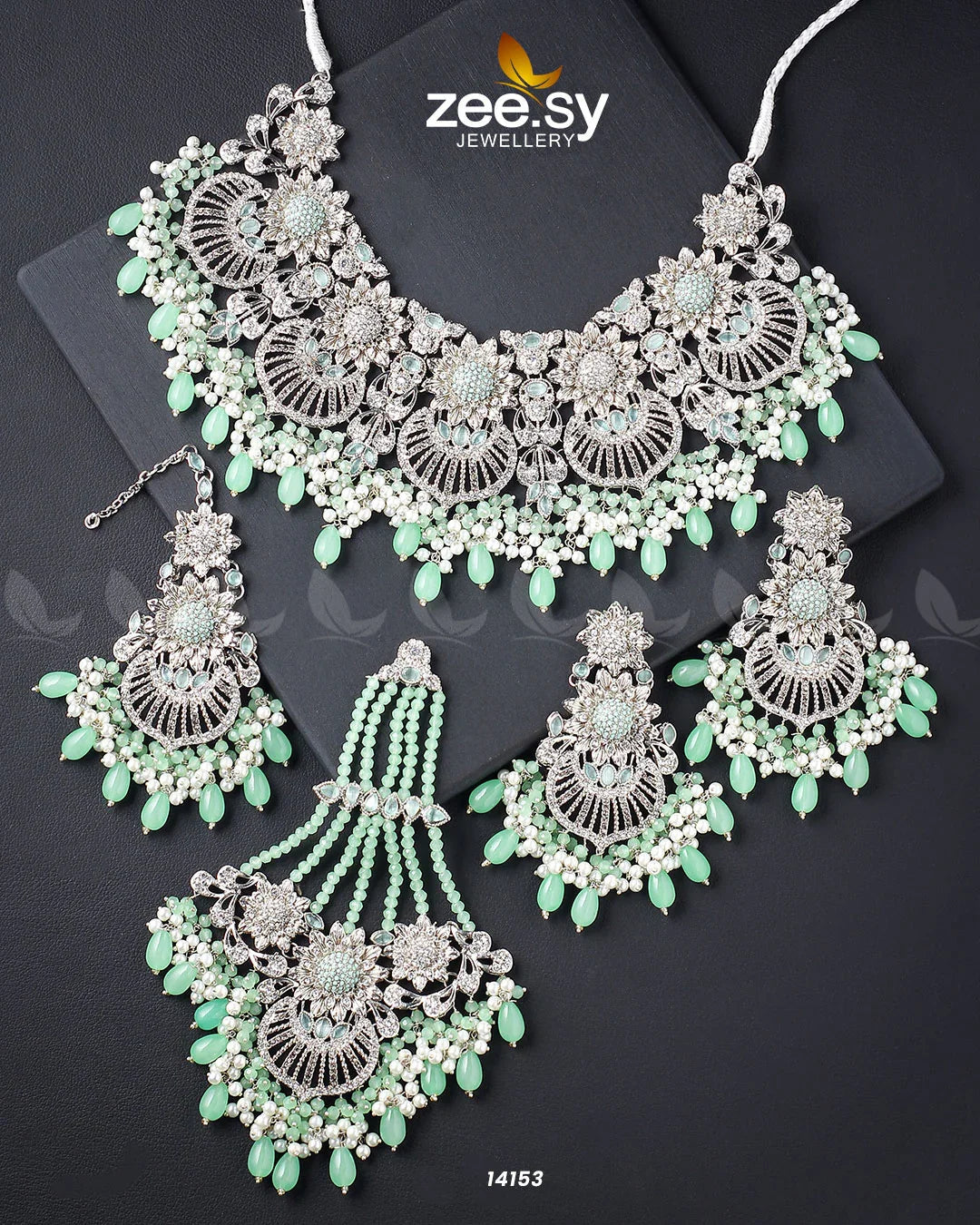 Yarrow Bridal Set Silver Mint Green - Zeesy Jewellery