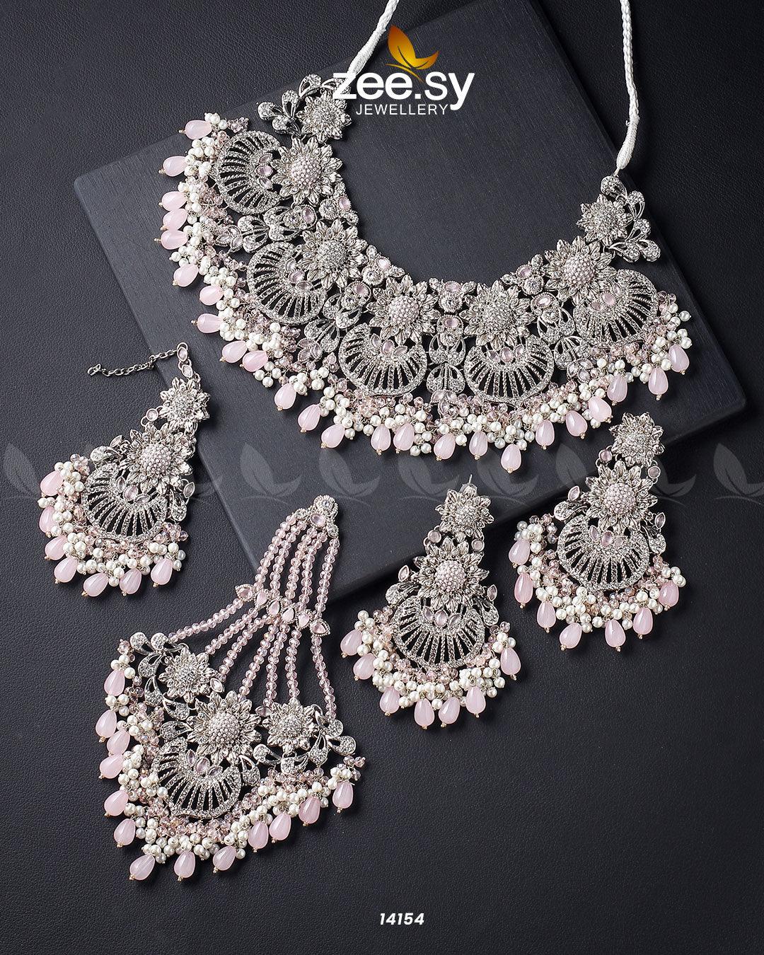 Yarrow Bridal Set Silver Mint Pink - Zeesy Jewellery
