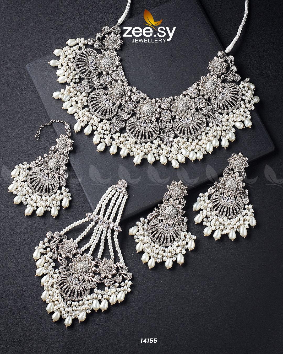 Yarrow Bridal Set Silver Pearl - Zeesy Jewellery