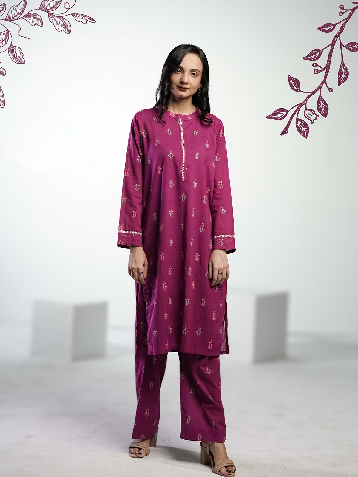 Ahlam Soft Cambric Stitched-Plum Elegence Co-ord set Collection'2024