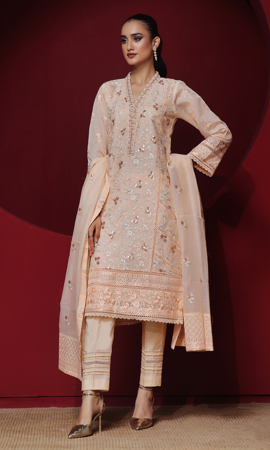 Shamooz Stitched 3 Piece Formals Collection'2025-Light Peach SEM-0749