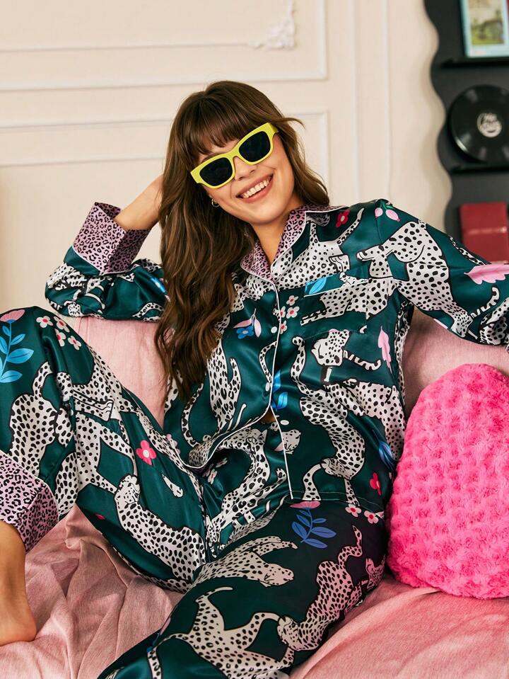 Studio By Arj She's Inn Stylish Leopard Print Women Nightwear Smoothy Silky Satin Pajama set Night Drees For Girls