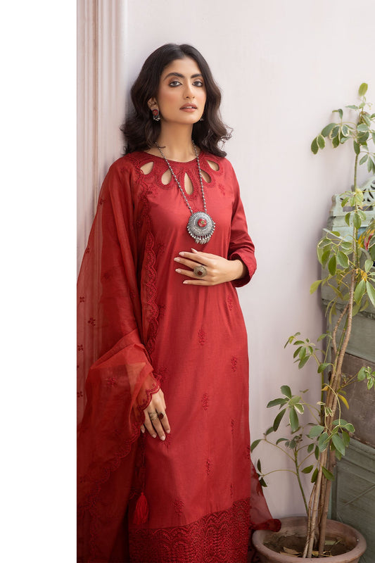 La Rosaa Stitched 3 Piece Summer Lawn Collection-LE-24-13 Maroon - 3Pc