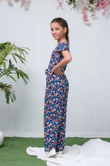 Sprinkles Stitched 1 Piece Summer Jumpsuit Kids Collection'2025-Royal Blue Floral Print Ruffle Trim Belted Jumpsuit