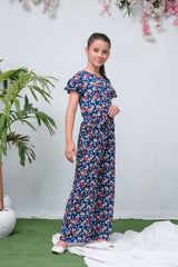 Sprinkles Stitched 1 Piece Summer Jumpsuit Kids Collection'2025-Royal Blue Floral Print Ruffle Trim Belted Jumpsuit