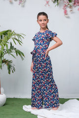 Sprinkles Stitched 1 Piece Summer Jumpsuit Kids Collection'2025-Royal Blue Floral Print Ruffle Trim Belted Jumpsuit