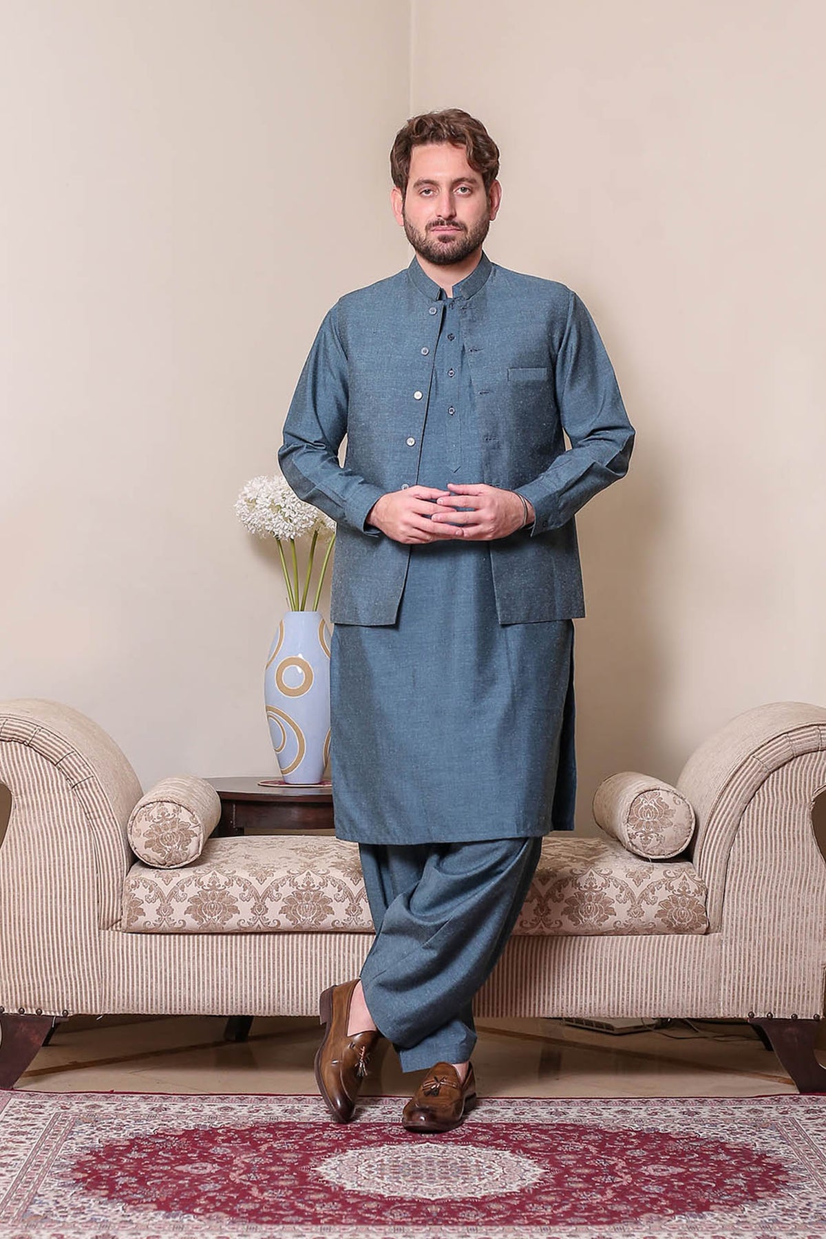Real Image Mens Kurta Shalwar Winter Collection'2025-P-55 3Pcs Blue