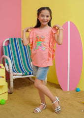 Modest Stitched Summer Kids Collection'2024-Girls Summer Tee - Peach