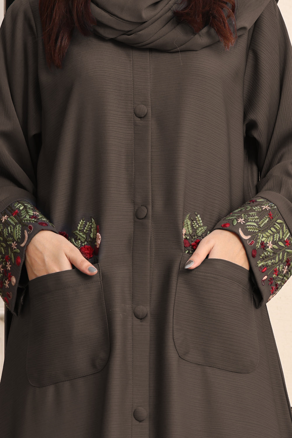 Hijab Ul Hareem Front Open Brown Zoom Embroidered Abaya  0118-K-752