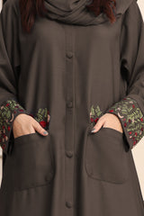Hijab Ul Hareem Front Open Brown Zoom Embroidered Abaya  0118-K-752