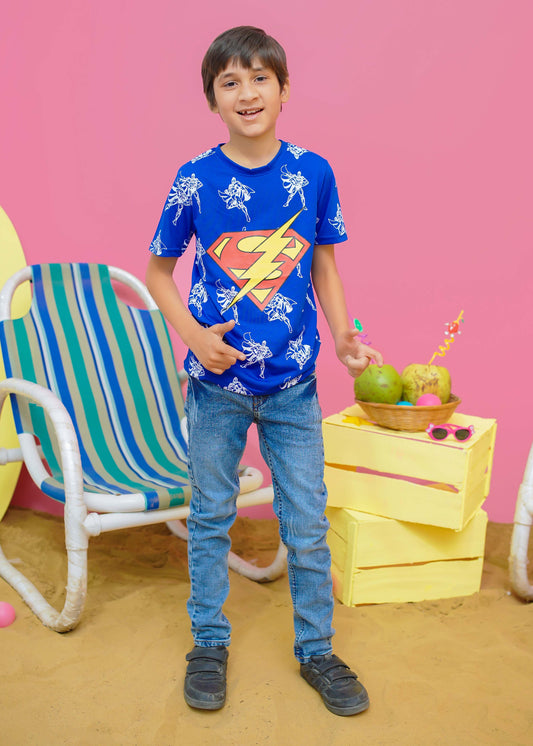 Modest Stitched Summer Kids Collection'2024-Superman Graphic Tee - Blue