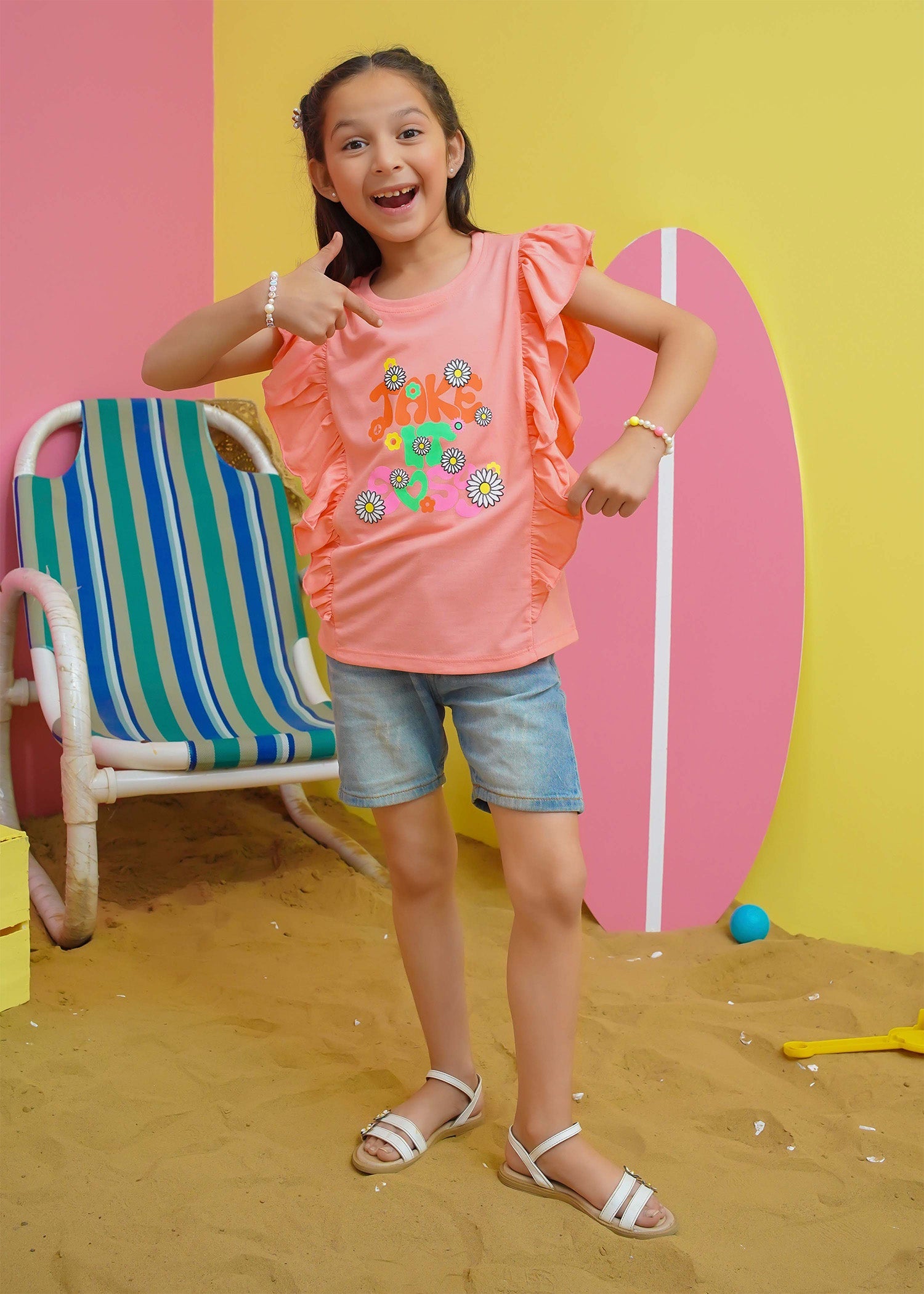 Modest Stitched Summer Kids Collection'2024-Girls Summer Tee - Peach