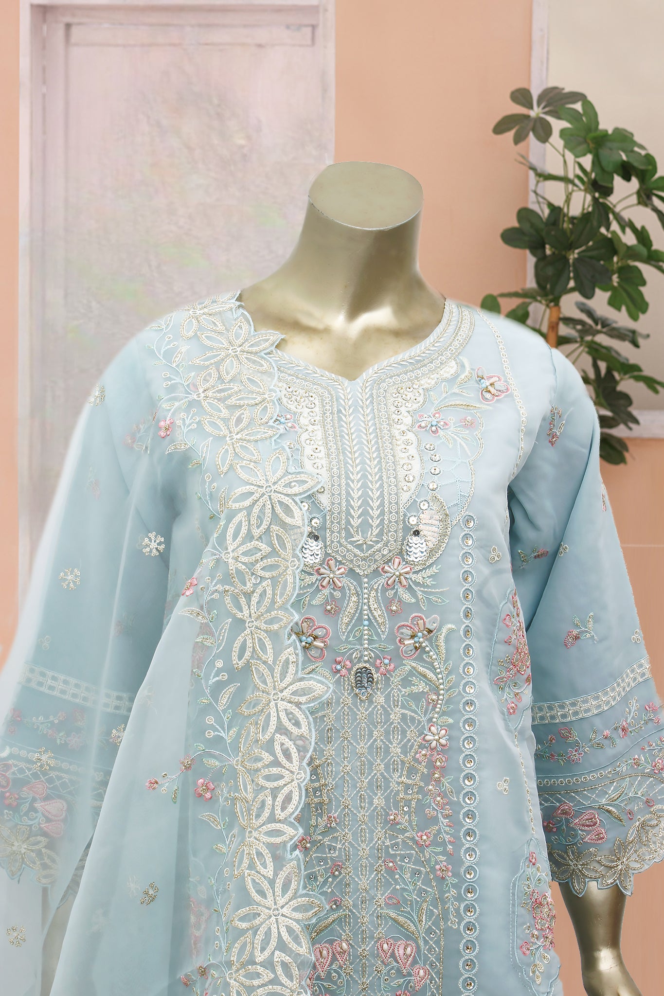 Gira By Bin Saeed Stitched 3 Piece Luxury Emb Chiffon Collection'2024-RTS-979-Sky Blue