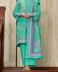 Petal And Sunshine Lawn Digital Print Unstitched Suit Set in sea green with vibrant floral pattern and decorative borders, three-piece outfit for women.