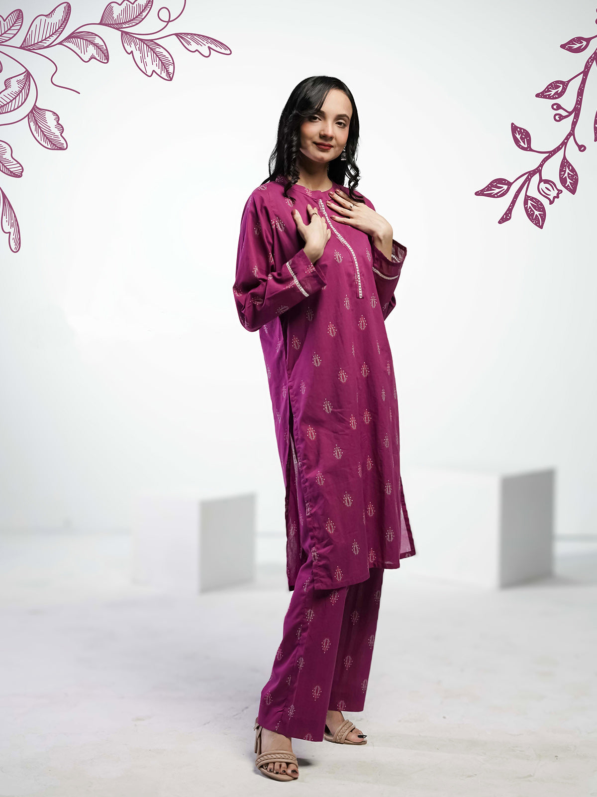 Ahlam Soft Cambric Stitched-Plum Elegence Co-ord set Collection'2024