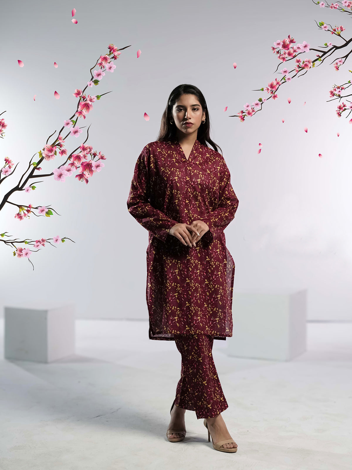 Ahlam Soft Cambric Stitched-Burgundy Co-Ord set Collection'2024