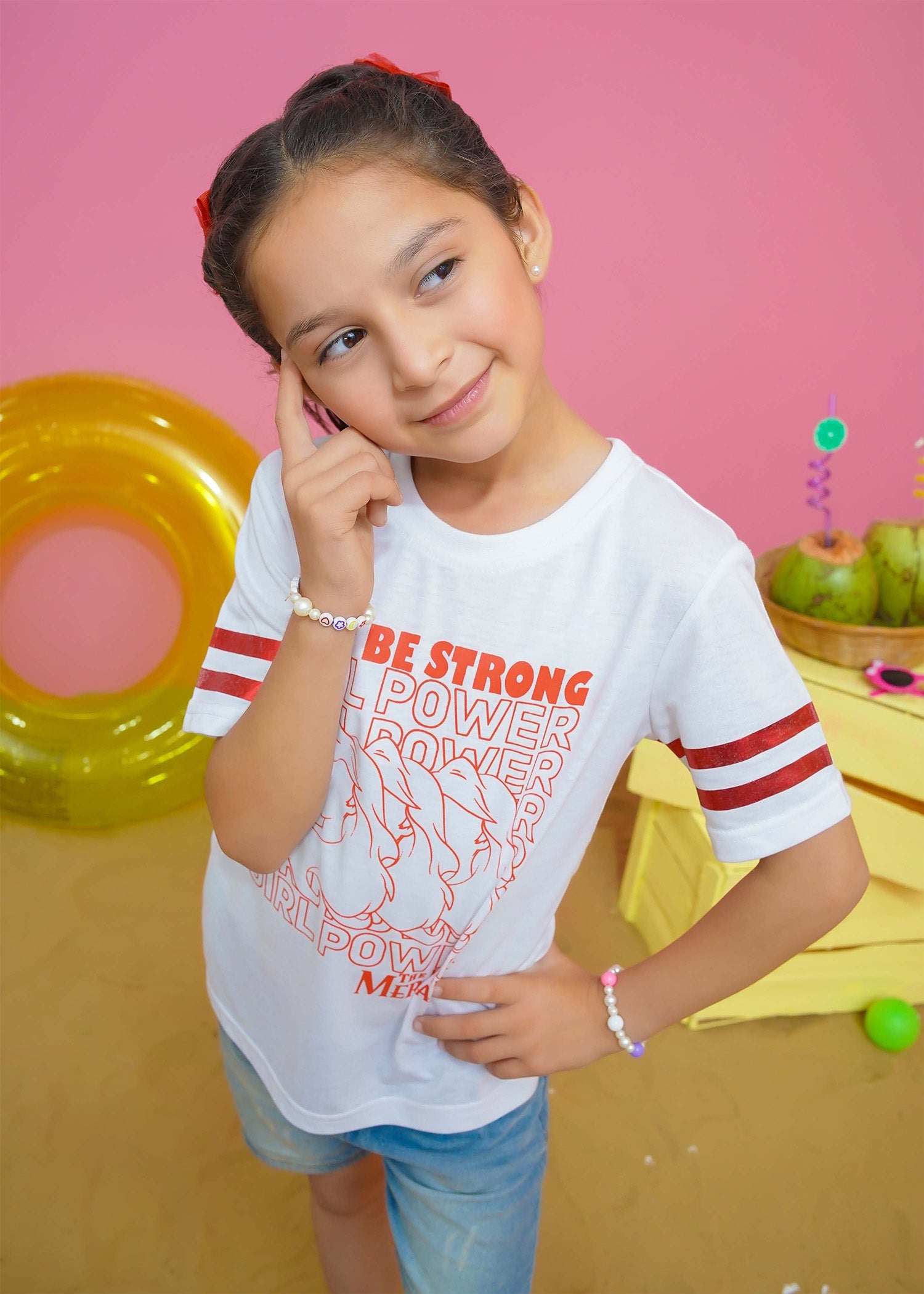 Modest Stitched Summer Kids Collection'2024-Girl Power Graphic Tee - White