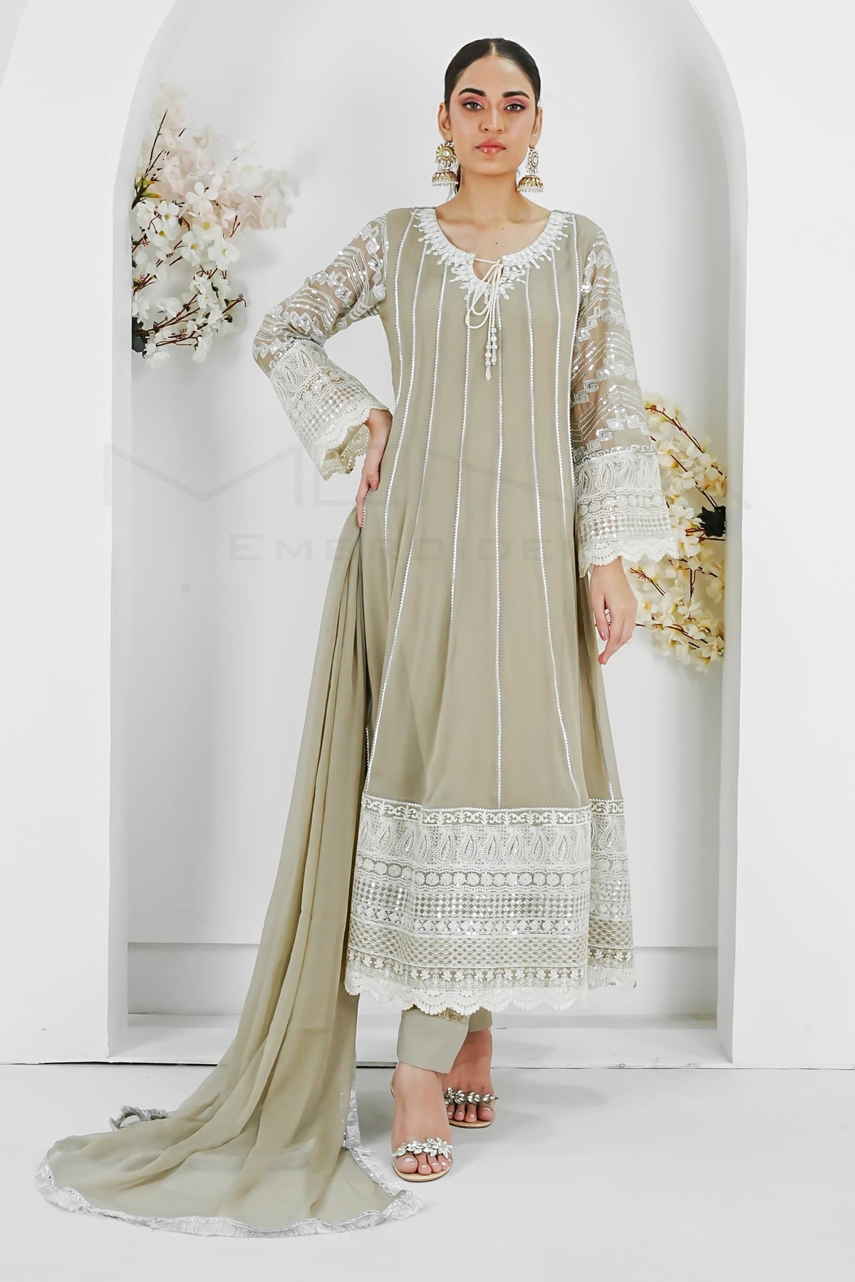 Manahils Stitched Formals Kurti 121-Crimson Glow- Light Brown