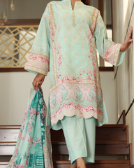 Chameli Studio women’s mint green floral embroidered lawn unstitched three-piece suit with matching printed dupatta and straight trousers, lightweight summer ethnic outfit.