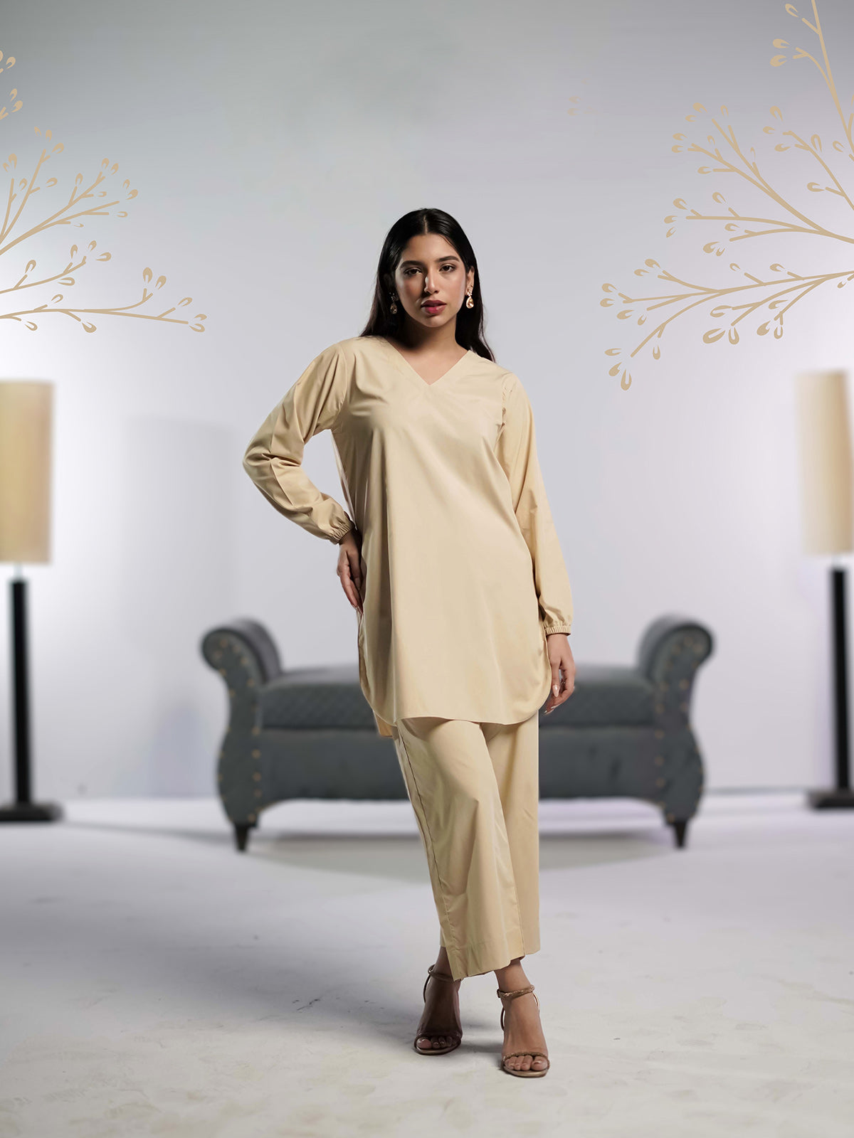 Ahlam Stitched - 2 piece Shirt & Trouser Beige Bliss Collection'2024