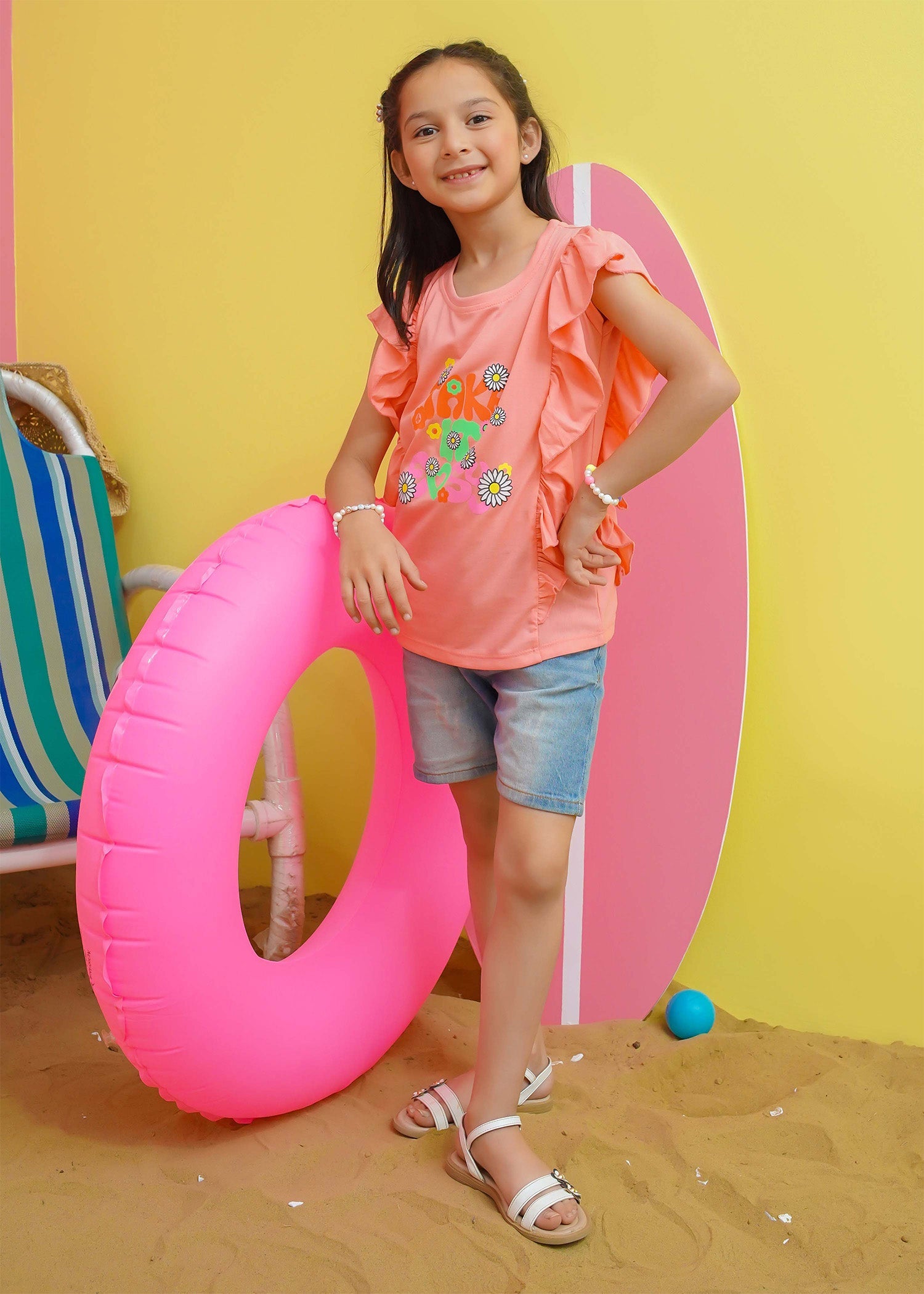 Modest Stitched Summer Kids Collection'2024-Girls Summer Tee - Peach