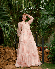 Hadar Official Stitched Formals 3D Pink Rose Maxi/Long Dress