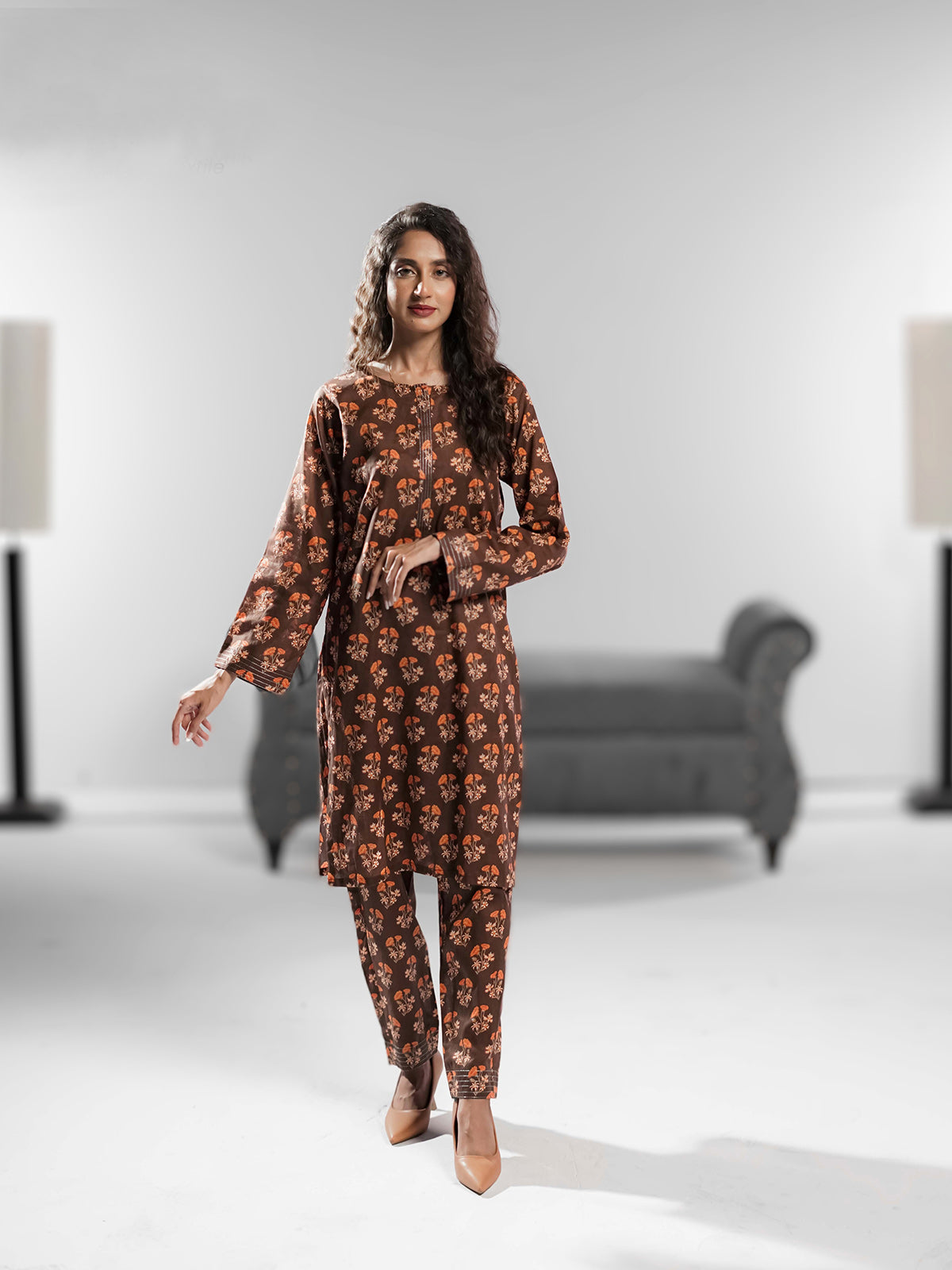 Ahlam Soft Cambric Stitched-Bronze Bliss Co-ord set Collection'2024