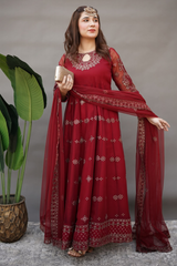 Esra Stitched 3 Piece Luxury Formals Collection-Maroon Chiffon - EMS-23-01