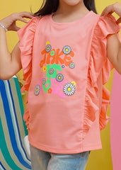 Modest Stitched Summer Kids Collection'2024-Girls Summer Tee - Peach