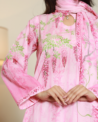 Whispered Grace Lawn Digital Print Unstitched Suit Set in delicate blush pink with soft floral design and lace-style borders, three-piece outfit for women.