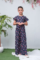 Sprinkles Stitched 1 Piece Summer Jumpsuit Kids Collection'2025-Navy Blue Camellia Floral Print Jumpsuit