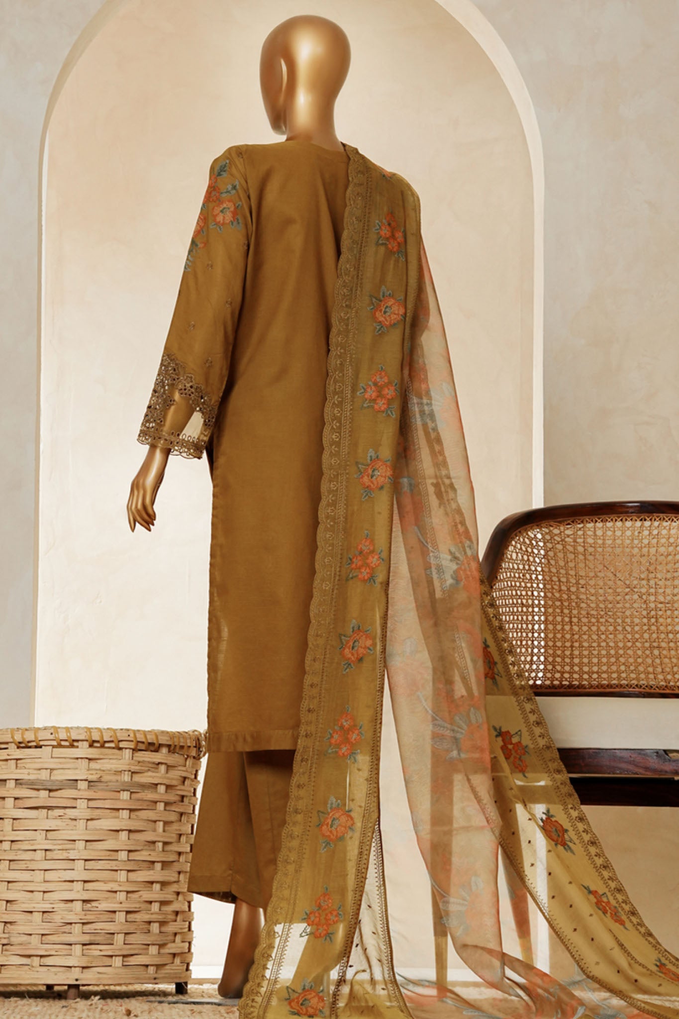 Muse By HZ Stitched 3 Piece Emb Cotton Slub Vol-03 Collection'2025-SSE-204-Olive