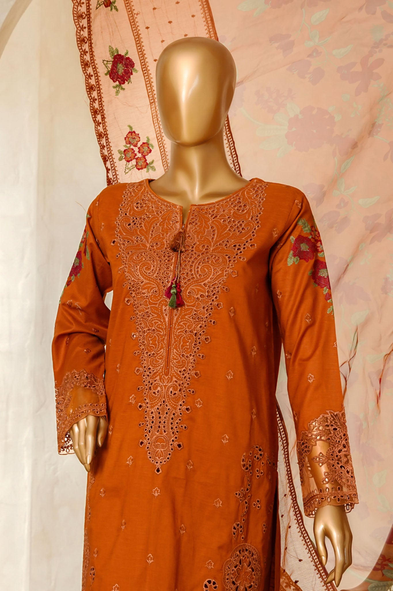Muse By HZ Stitched 3 Piece Emb Cotton Slub Vol-03 Collection'2025-SSE-204-Rust