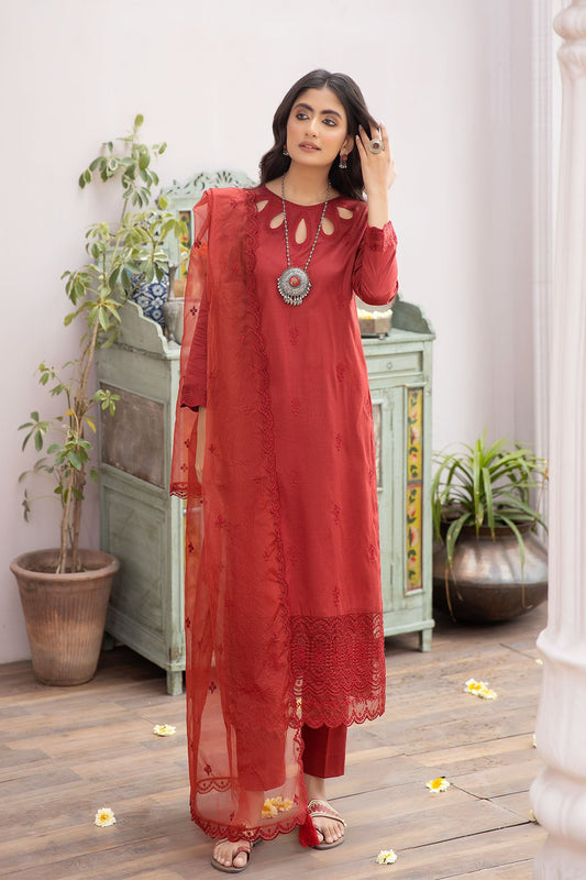 La Rosaa Stitched 3 Piece Summer Lawn Collection-LE-24-13 Maroon - 3Pc