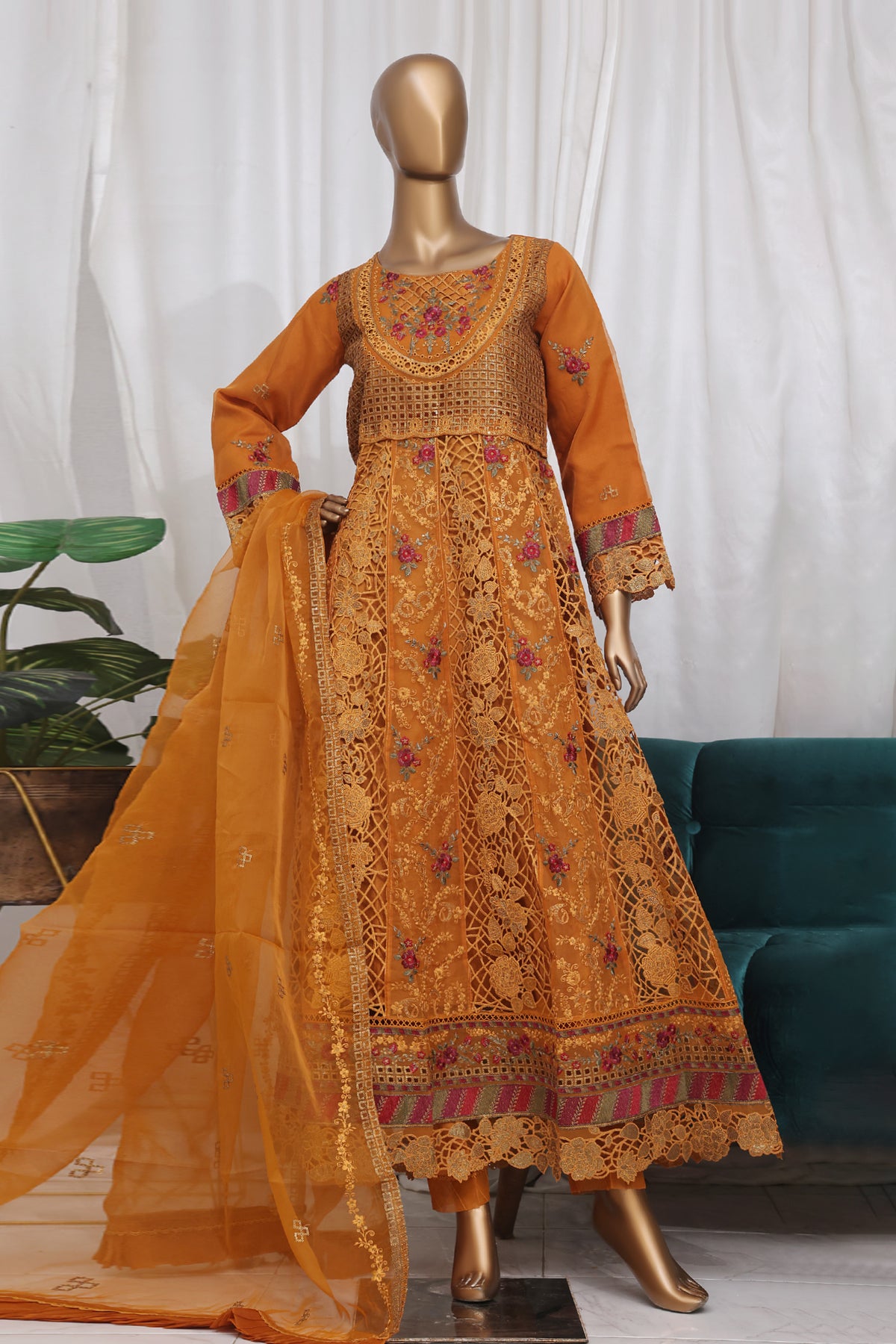 Bin Saeed Stitched 3 Piece Luxury Emb Frock Collection'2025-ZEF-2301-Mustard
