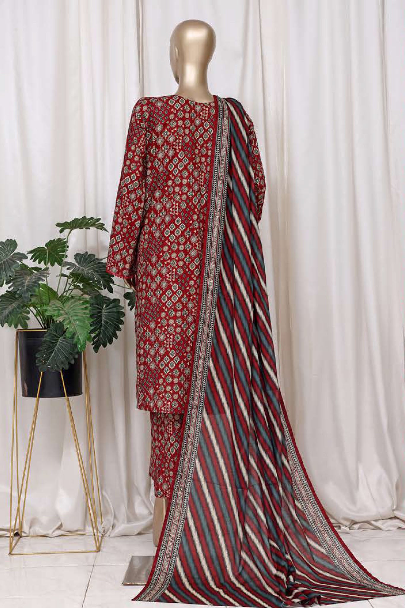Bin Saeed Stitched 3 Piece Printed Cotton Vol-01 Collection'2025-WC-2368-Maroon