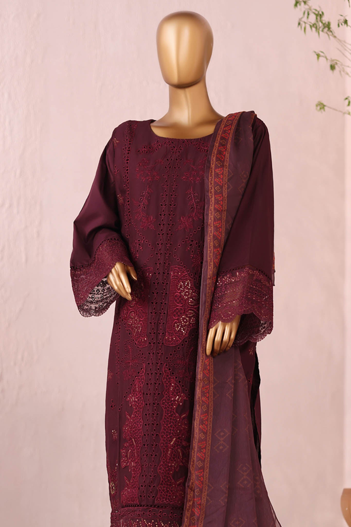 Bin Saeed Stitched 3 Piece Luxury Plain Cotton Collection'2025-LF-2481-Maroon