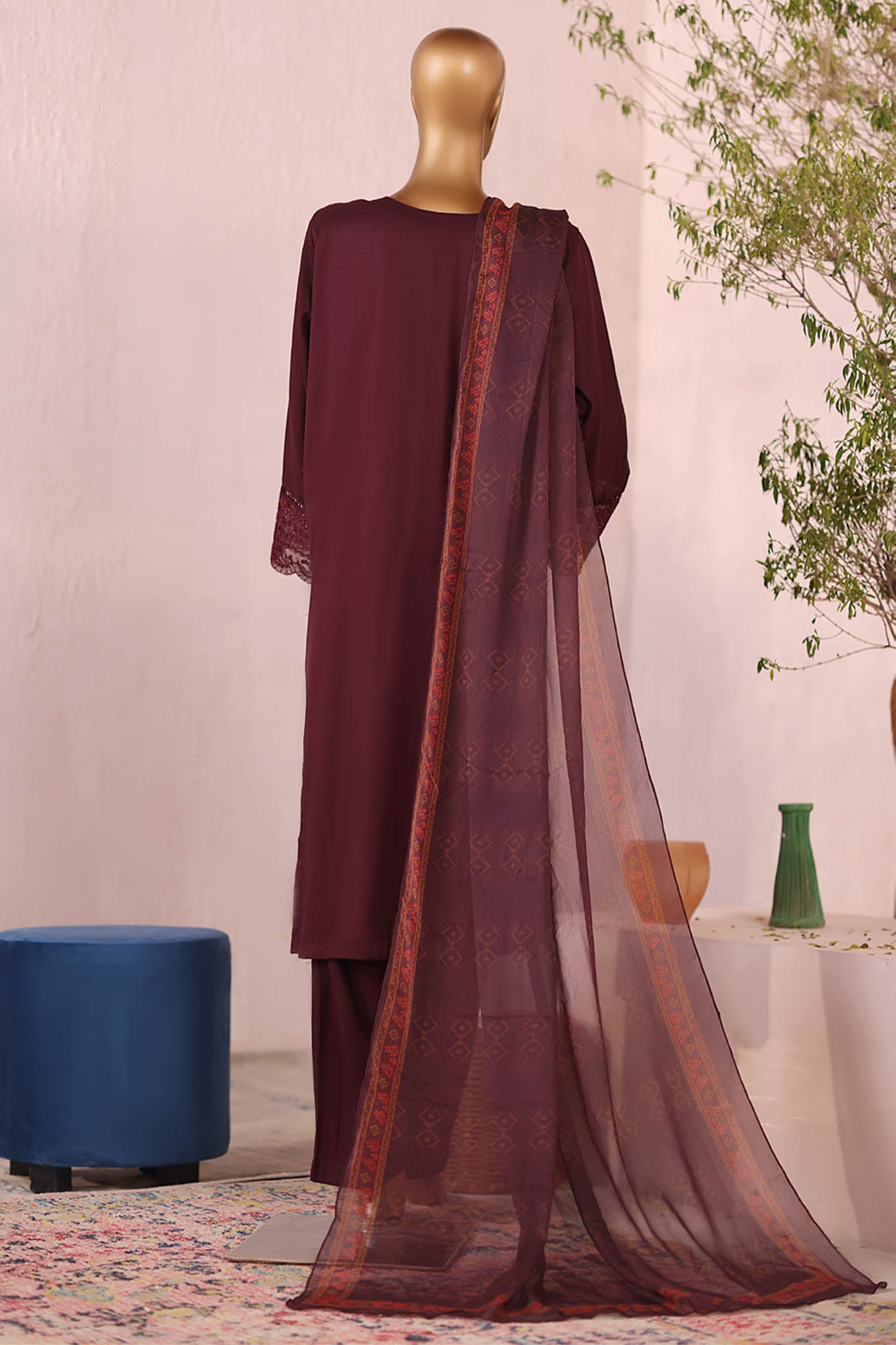 Bin Saeed Stitched 3 Piece Luxury Plain Cotton Collection'2025-LF-2481-Maroon