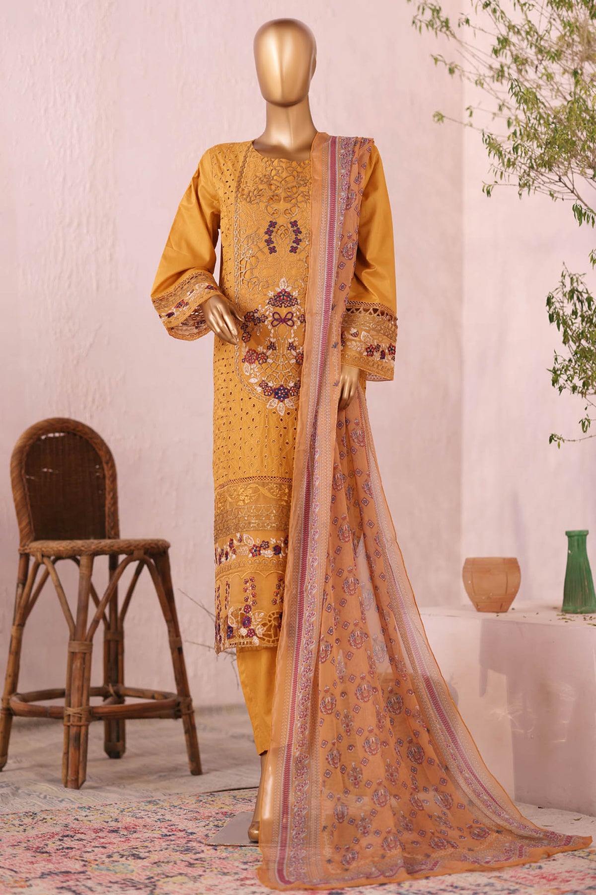 Bin Saeed Stitched 3 Piece Luxury Plain Cotton Collection'2025-LF-2482-Mustard