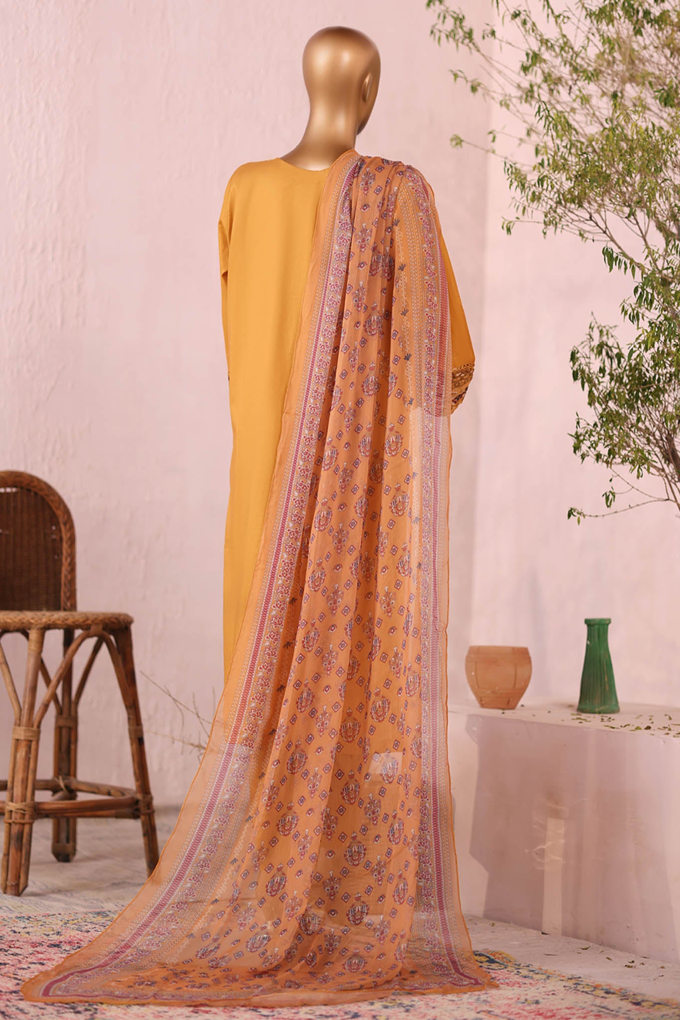 Bin Saeed Stitched 3 Piece Luxury Plain Cotton Collection'2025-LF-2482-Mustard