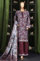 Hz Stitched 3 Piece Digital Printed Khaddar Vol-03 Collection'2025-KPT-2576-Maroon