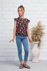 Sprinkles Stitched 1 Piece Summer Shirts Kids Collection'2025-Girls Black & Red  Ruffle Armhole Floral Rose Print Top
