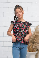 Sprinkles Stitched 1 Piece Summer Shirts Kids Collection'2025-Girls Black & Red  Ruffle Armhole Floral Rose Print Top