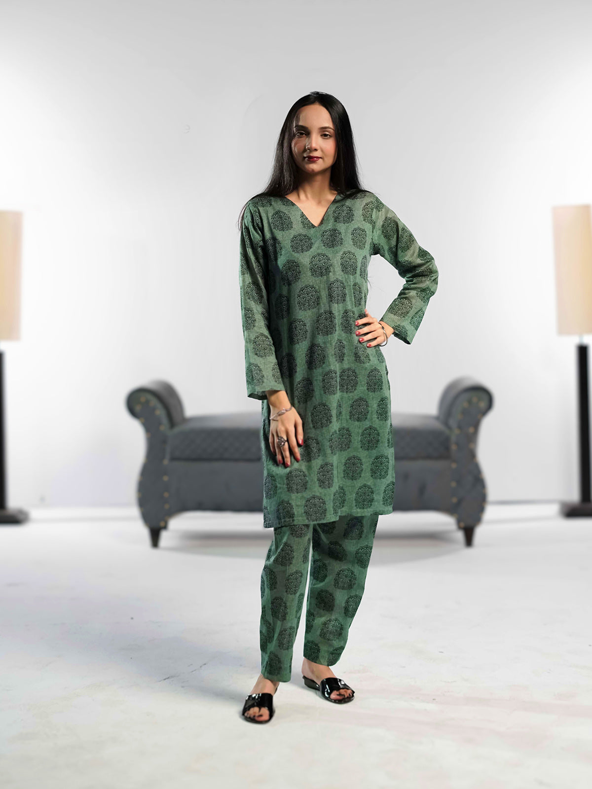 Ahlam Soft Cambric Stitched-Stone pine Co-ord set Collection'2024