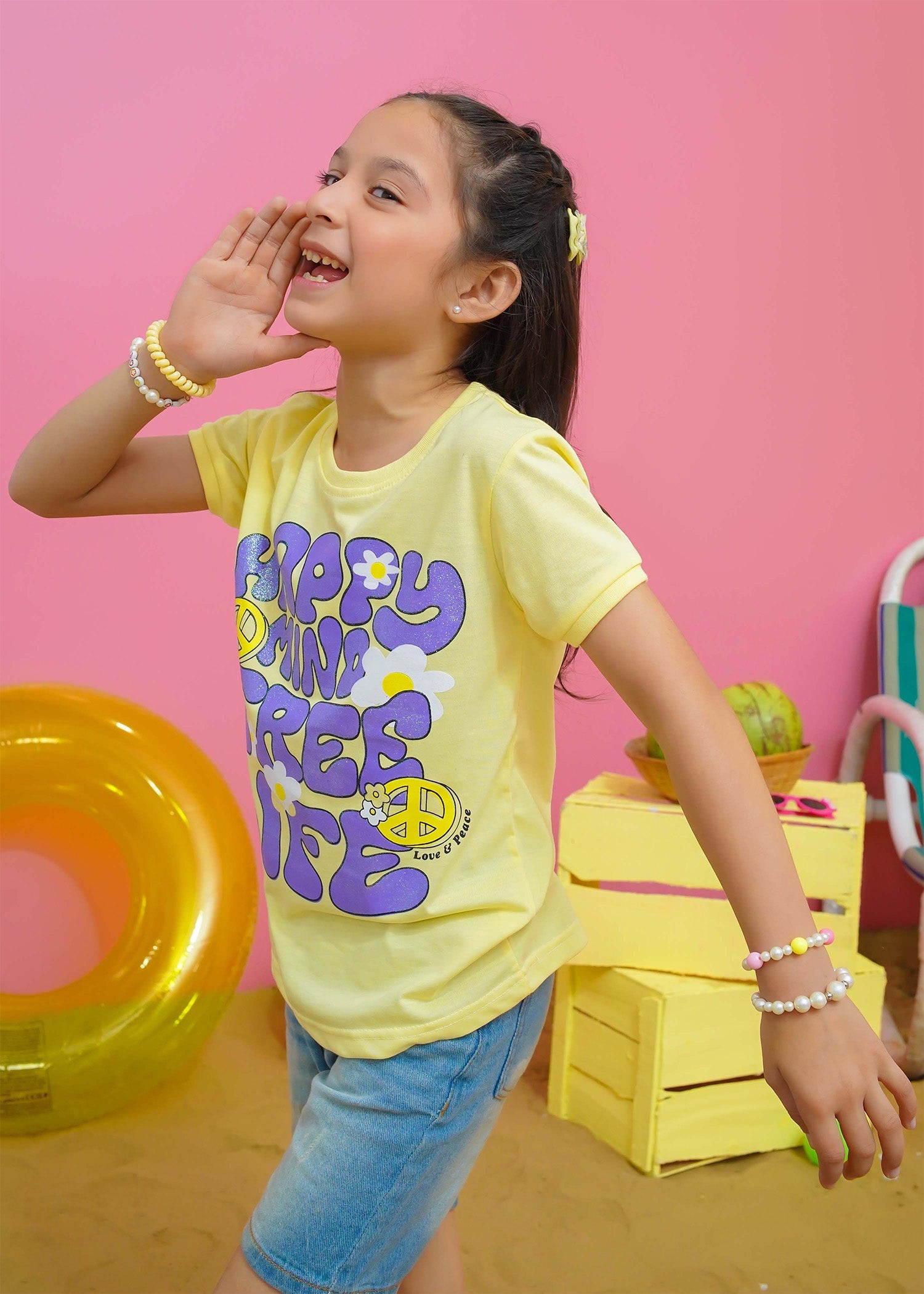 Modest Stitched Summer Kids Collection'2024-Happy Life Graphic Tee - Lime