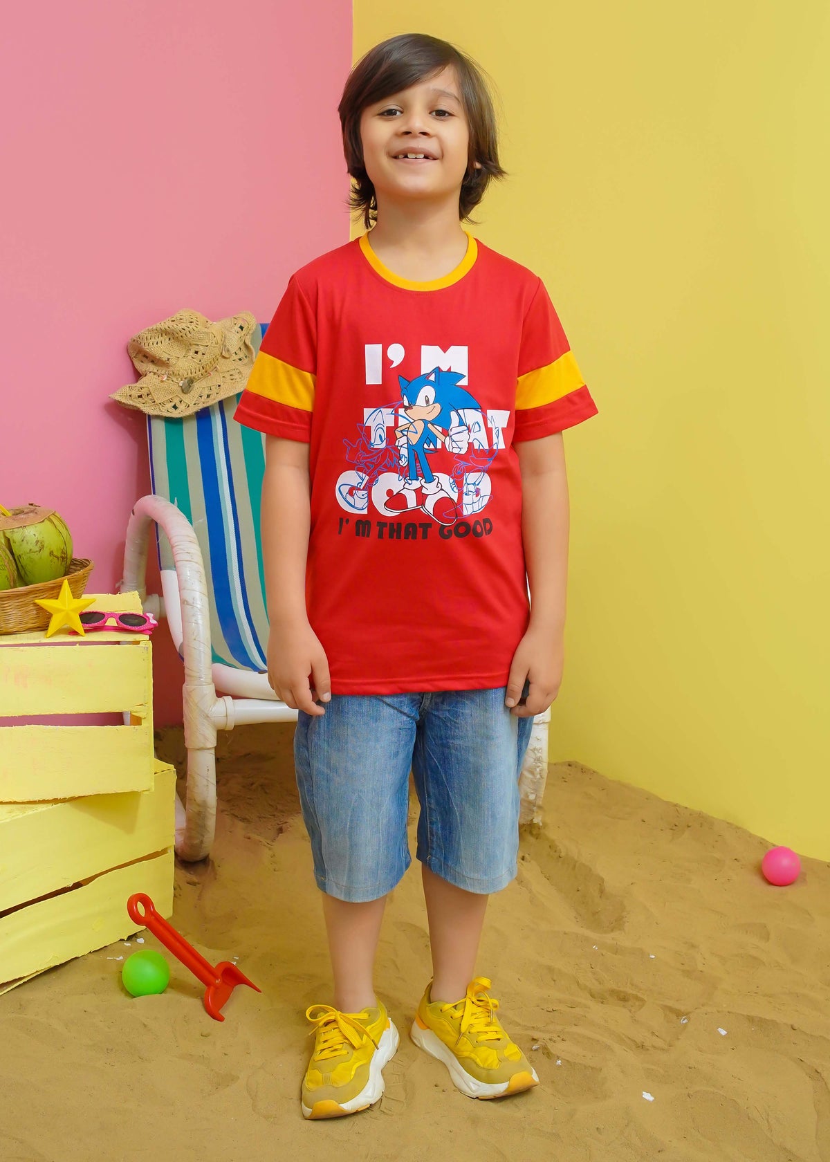 Modest Stitched Summer Kids Collection'2024-Sonic Graphic Tee - Red